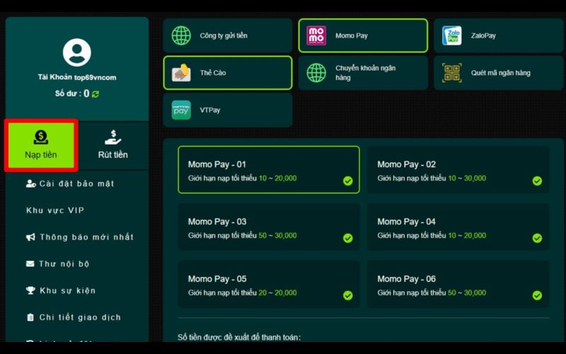 Nhà cái 69vn cung cấp đa dạng hình thức nạp tiền